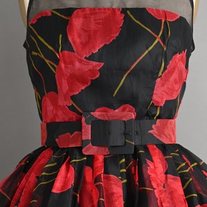 Vintage 1950s Dress Bold Red Poppy Floral Print Full Skirt Cocktail Dress small medium image 6