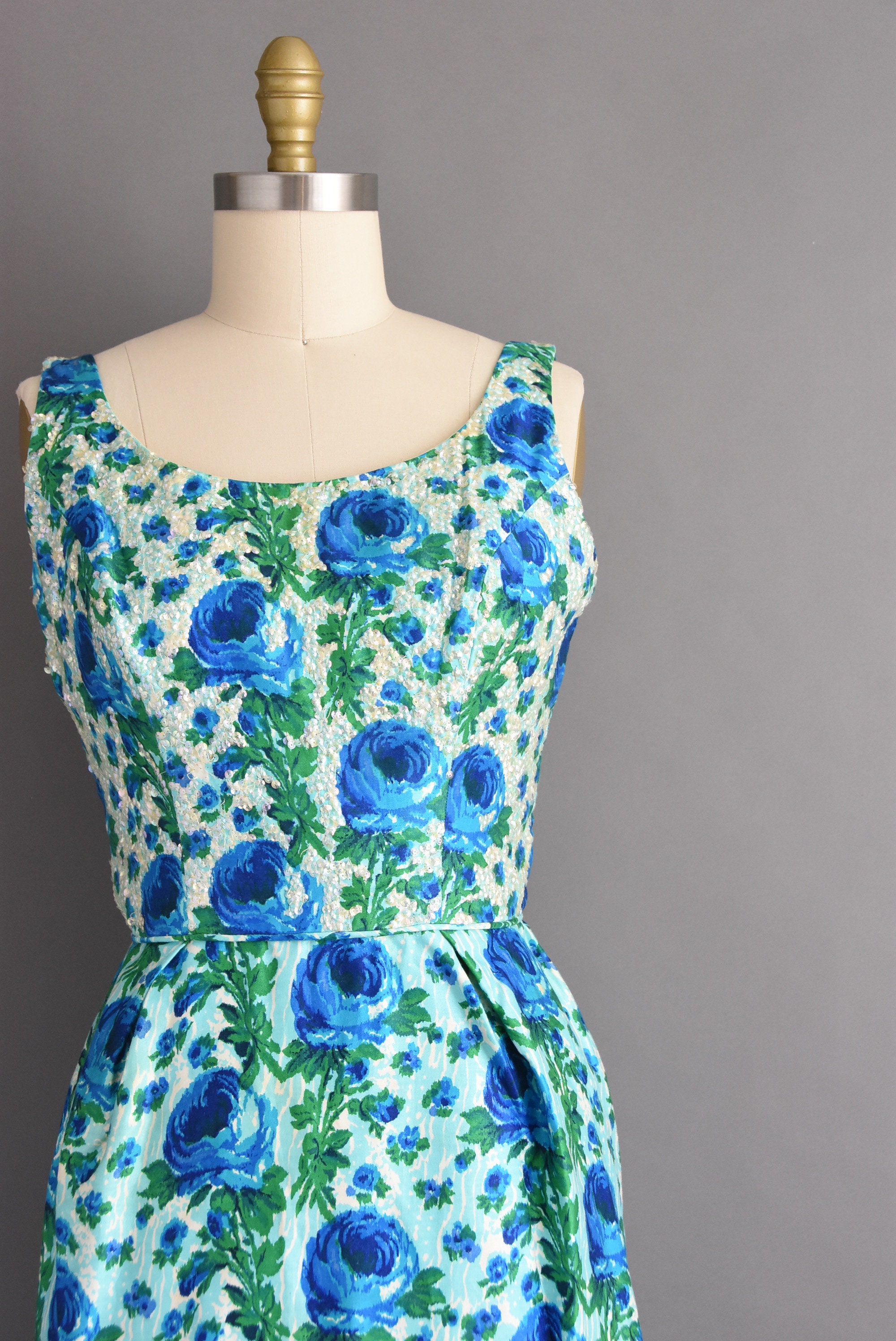 1950s vintage dress Gorgeous Blue Rose Floral Print Cocktail | Etsy