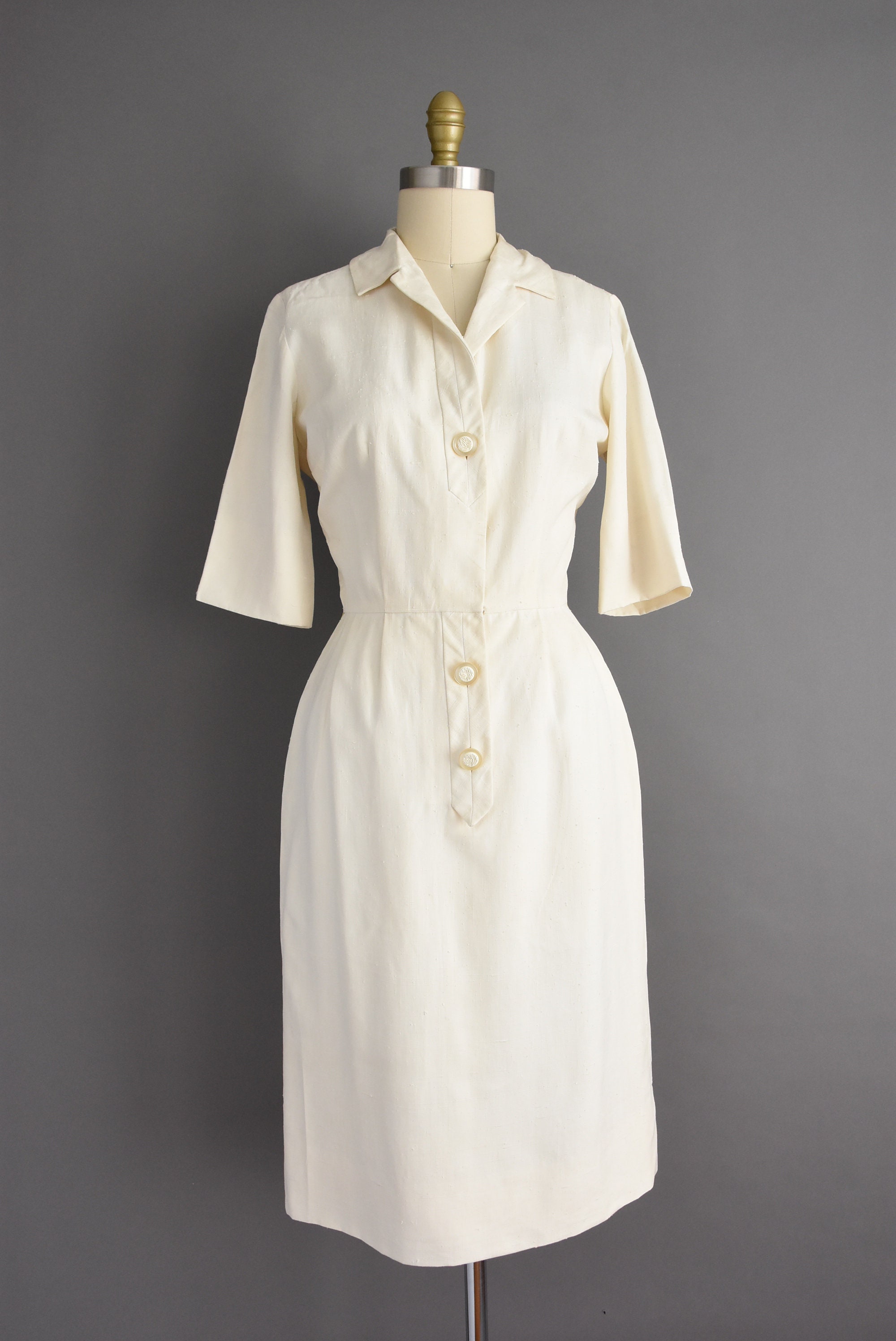 Vintage 1950s Neiman Marcus Ivory Silk Linen Bridesmaid Cocktail Party Small Medium 50s Dress