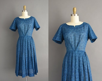 1950s vintage dress | Blue Cotton Print Short Sleeve Dress | Small