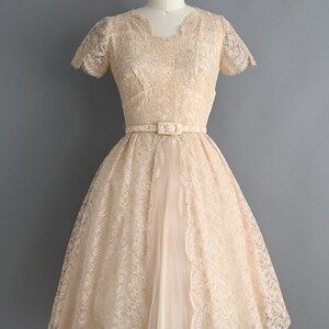 vintage 1950s Dress Vintage Sparkly Champagne Lace Cocktail Full Skirt Dress Small zdjęcie 2