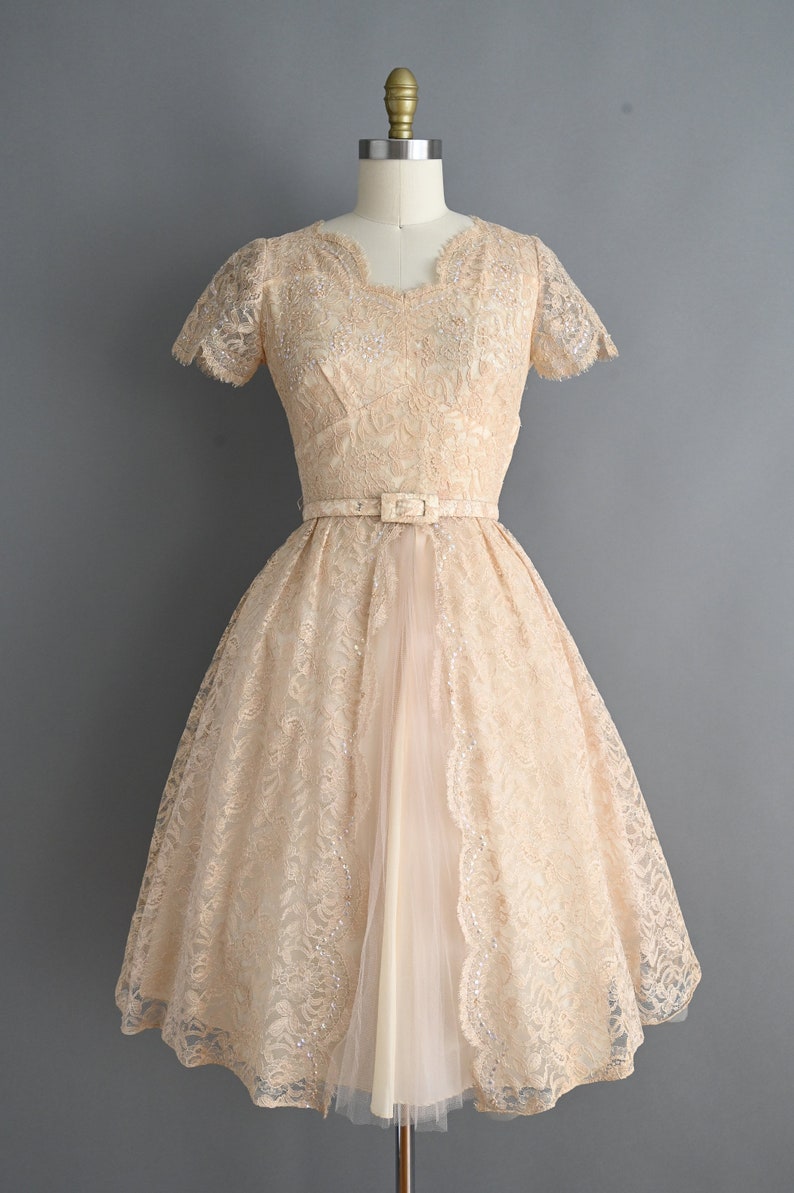 vintage 1950s Dress Vintage Sparkly Champagne Lace Cocktail Full Skirt Dress Small zdjęcie 2