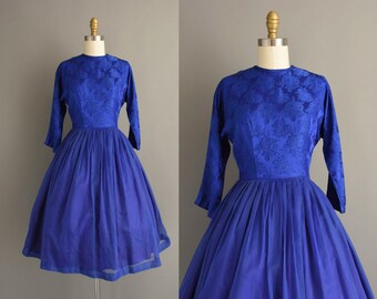 vintage 1950s Dress | Royal Blue Full Skirt Party Dress | XS Small