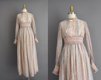 Vestido vintage dos anos 70 | Vestido de verão de algodão com manga comprida e estampa floral pastel | Tamanho pequeno