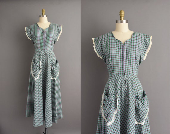 vintage 1950s | Blue & Green plaid print summer fu