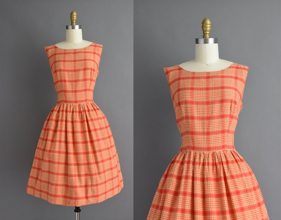 vintage 1950s | Beautiful orange plaid print cotto