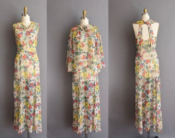 vintage 1930s fluttery floral chiffon low back bias cut full length dress Gorgeous Small 30s antique Spring dress