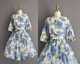 1950s Vintage Dress | Blue Floral Print Full Skirt Bridesmaid Wedding Dress | Small