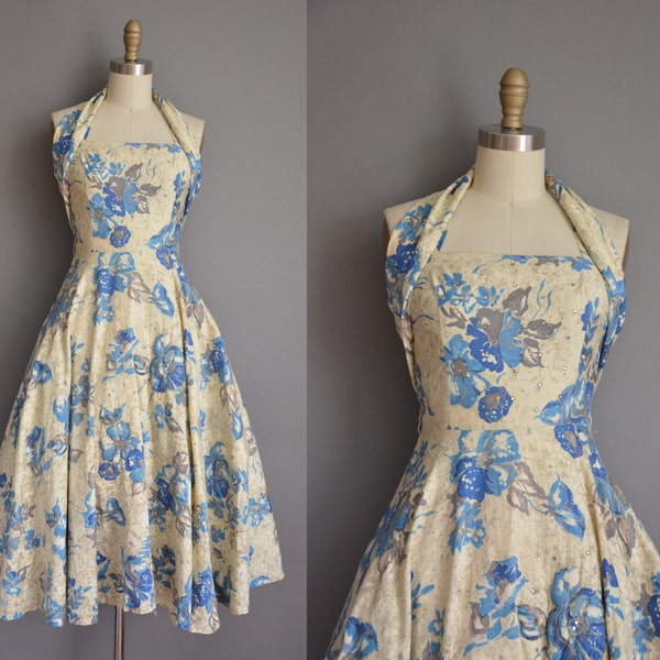 vintage 1950s dress/50s halter dress/ 50s floral cotton dress