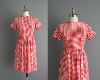 1950s vintage dress | Red Gingham Print Cotton Dress | Medium