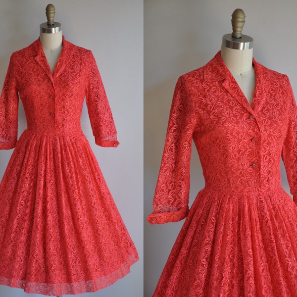 vintage 1950s Stella Rose red lace cocktail dress