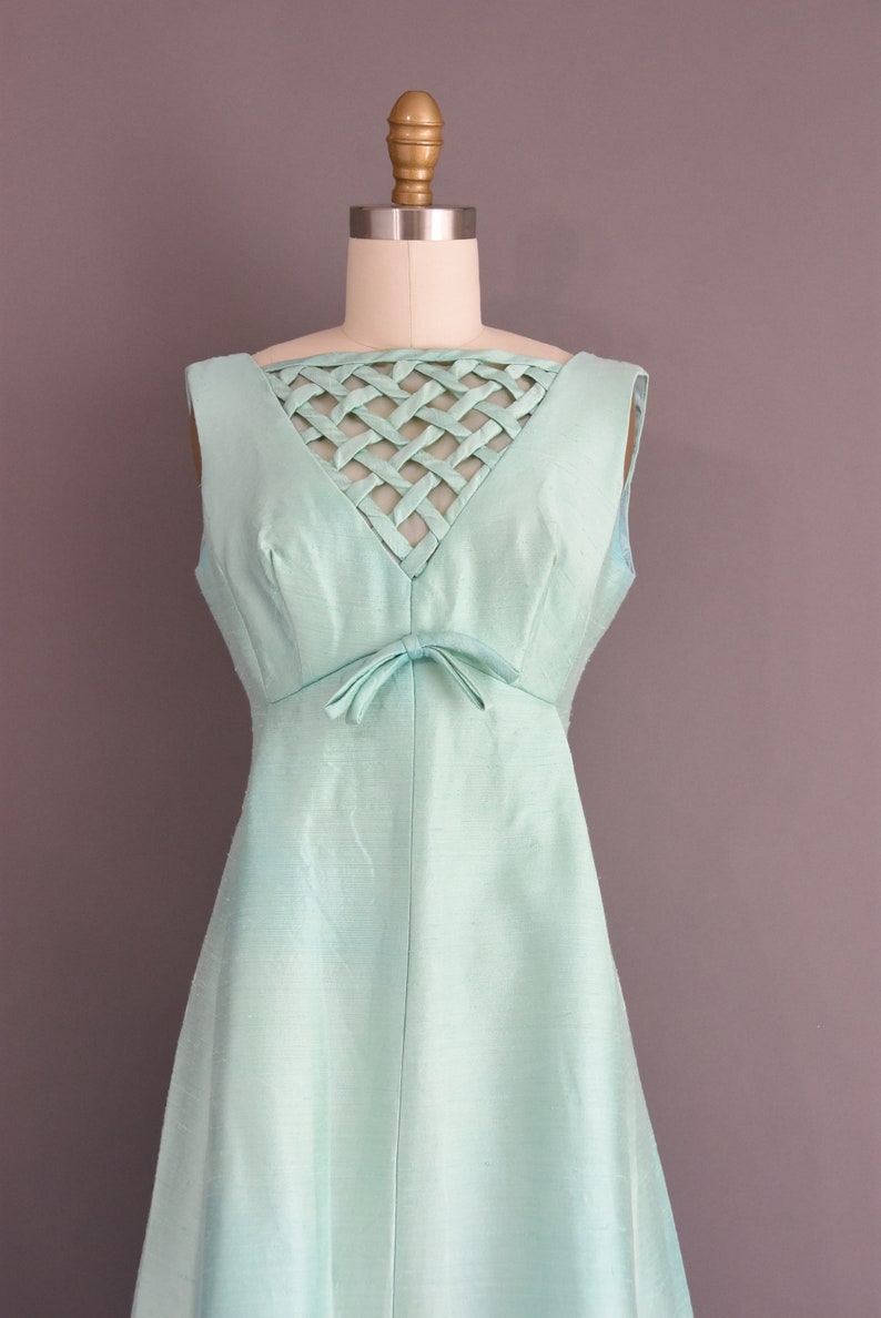 1960s vintage dress Mint Blue Silk Lattice Cocktail Party Bridesmaid Wedding Dress Medium image 3