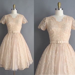 vintage 1950s Dress Vintage Sparkly Champagne Lace Cocktail Full Skirt Dress Small zdjęcie 1