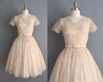 vintage 1950s Dress | Vintage Sparkly Champagne Lace Cocktail Full Skirt Dress | Small