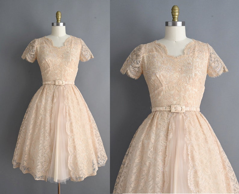 vintage 1950s Dress Vintage Sparkly Champagne Lace Cocktail Full Skirt Dress Small zdjęcie 1