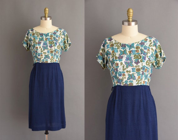 vintage 1950s cotton linen Butterfly print blue wi