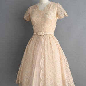 vintage 1950s Dress Vintage Sparkly Champagne Lace Cocktail Full Skirt Dress Small zdjęcie 7
