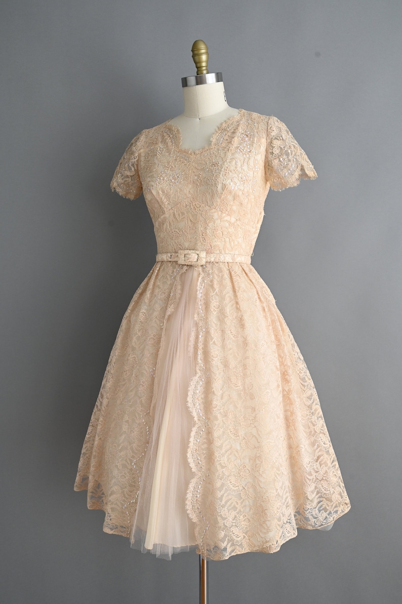 vintage 1950s Dress Vintage Sparkly Champagne Lace Cocktail Full Skirt Dress Small zdjęcie 7