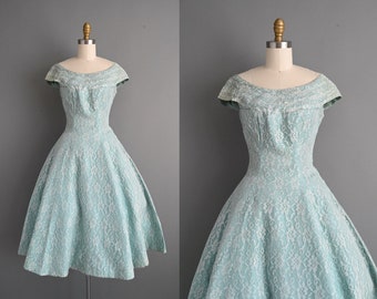 1950s vintage dress | Icy Blue Lace Bridesmaid Dress | XS Small