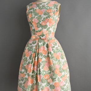 vintage 1950s Dress Vintage Peach Floral Pront Full Skirt Party Dress Small image 7