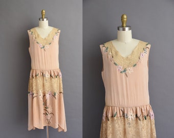 vintage 1920s antique silk french lace floral dress - Size Small