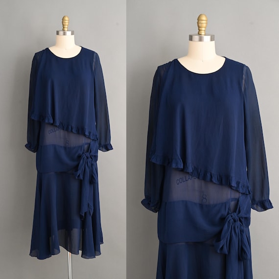 sachin and babi light blue dress vintage 1920s dress | Navy Blue Silk Chiffon Antique Dress