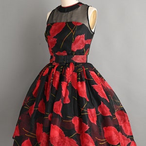 Vintage 1950s Dress Bold Red Poppy Floral Print Full Skirt Cocktail Dress small medium image 8