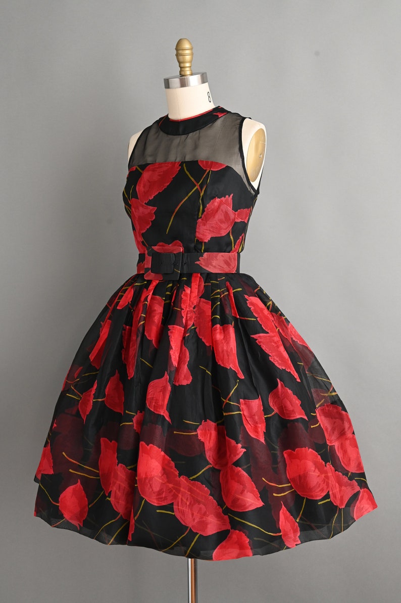 Vintage 1950s Dress Bold Red Poppy Floral Print Full Skirt Cocktail Dress small medium image 8