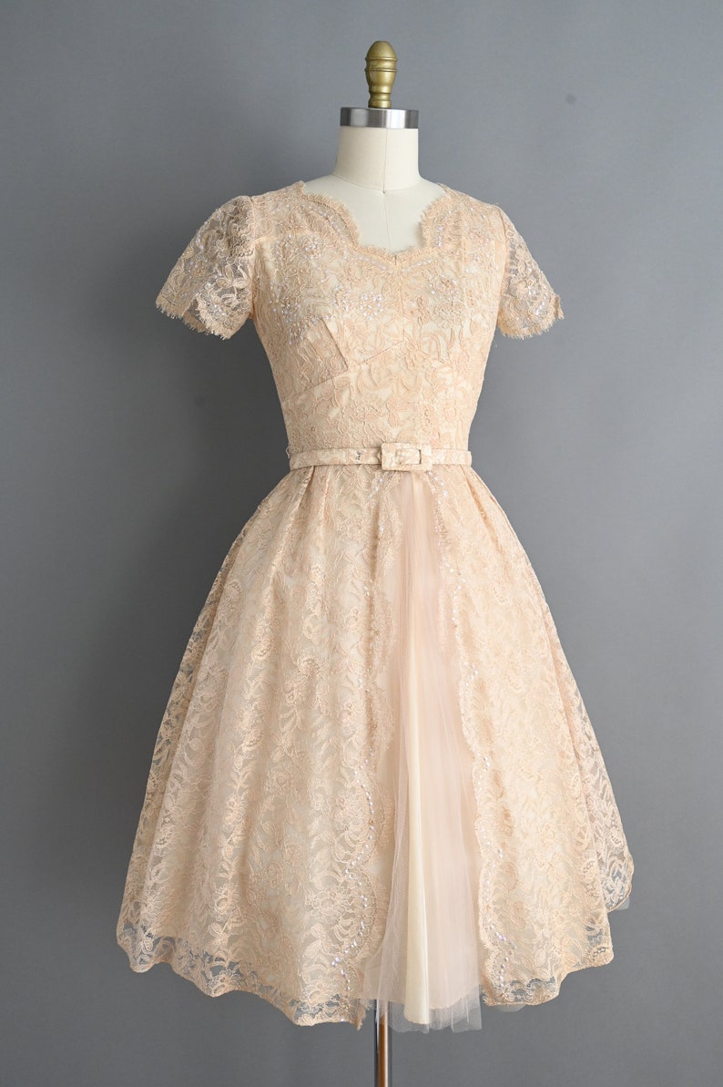 vintage 1950s Dress Vintage Sparkly Champagne Lace Cocktail Full Skirt Dress Small zdjęcie 6