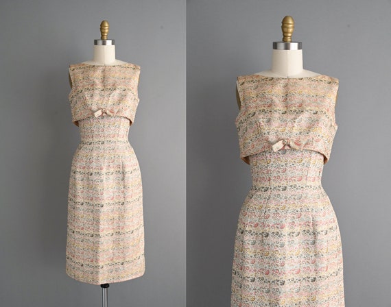 vintage 1950s Stripe Floral Print Wiggle Dress | … - image 1