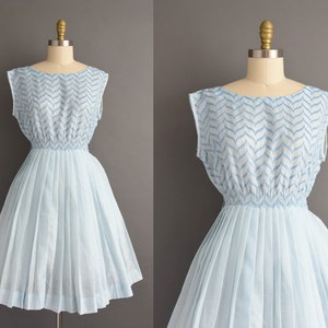 vintage 1950s | Adorable Blue Cotton Embroidered Sleeveless Full Skirt Accordion Pleat Dress | Medium | 50s dress