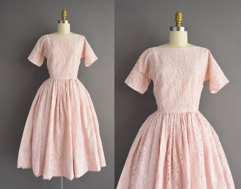 vintage 1950s dress Pastel Pink Sweeping Full Skirt Party Dress Small image 1