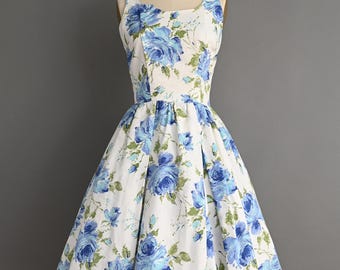 Vintage 1950s Dress | Nodee's Waikiki Blue Rose Floral Print Cotton Summer Sun Dress | XS