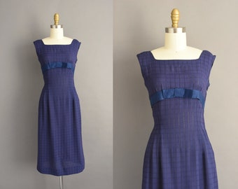 vintage 1950s | Navy Blue Cotton Sleeveless Pencil Skirt Day Dress | XS Small