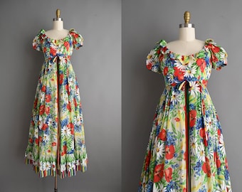 vintage 1960s Dress | Vintage Emma Domb Puff Sleeve Floral Spring Dress | small
