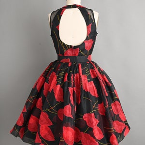 Vintage 1950s Dress Bold Red Poppy Floral Print Full Skirt Cocktail Dress small medium image 10