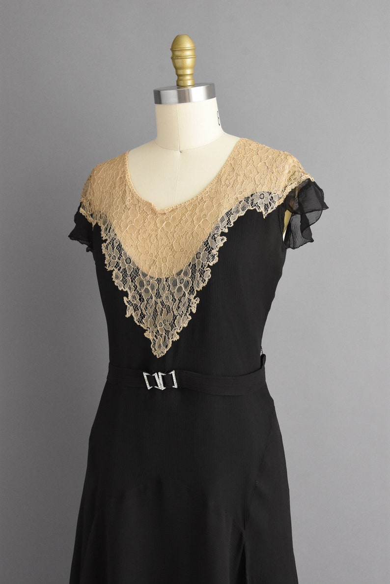 vintage 1920s antique black chiffon lace flapper dress Large image 8