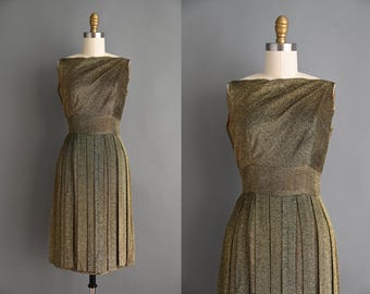 vintage 1950s Dress | Sparkly Gold Lurex Car Wash Tassel Cocktail Wiggle Dress | Small
