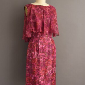 1950s vintage dress Gorgeous Pink & Purple Floral Print Silk Cocktail Wiggle Dress Small image 7