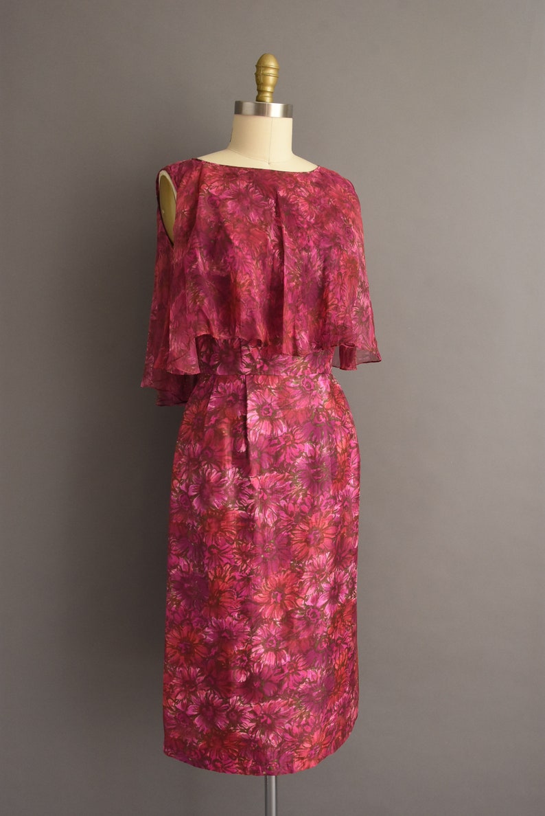 1950s vintage dress Gorgeous Pink & Purple Floral Print Silk Cocktail Wiggle Dress Small image 7