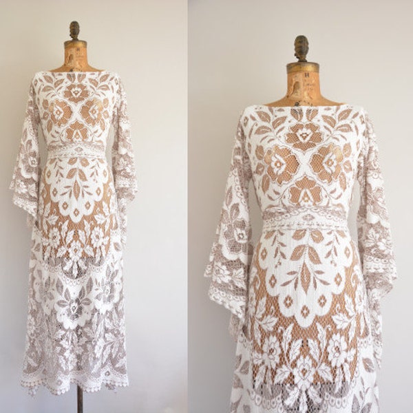 r e s e r v e d...1970s lace maxi dress - crochet lace bohemian wedding dress - 70s rare lace wedding dress