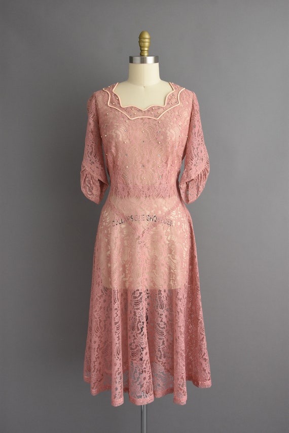 Vintage 1950s Rose Pink Rhinestone Lace Dress | L… - image 2