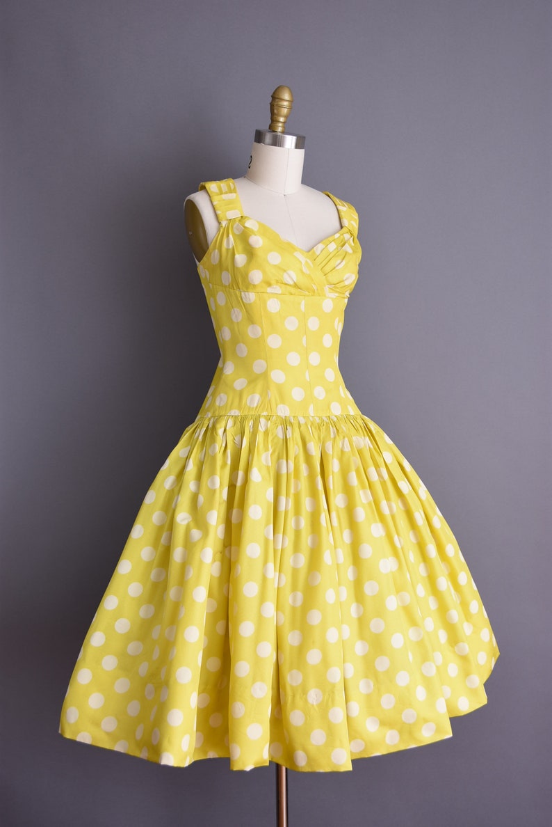 50s vintage dress yellow silk polka dot full skirt dress | Etsy