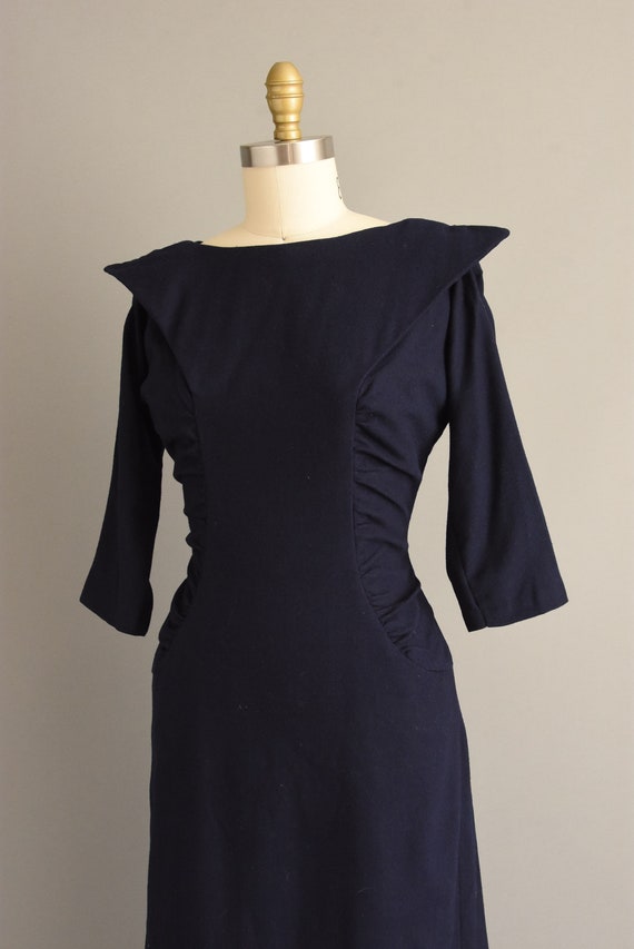 vintage 1950s dress | Gorgeous Navy Blue Wool Coc… - image 7