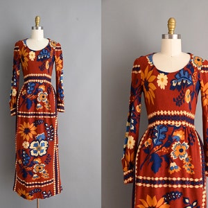 Vintage 1970s Dress | Golden Brown Vibrant Floral Print Full Length Dress | XS Small