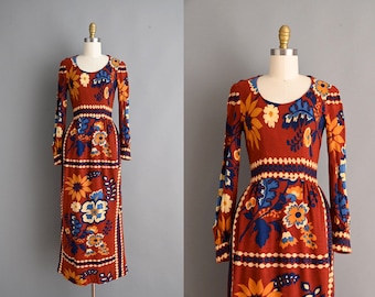 Vintage 1970s Dress | Golden Brown Vibrant Floral Print Full Length Dress | XS Small