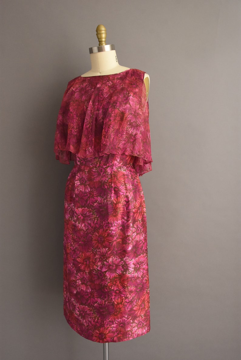 1950s vintage dress Gorgeous Pink & Purple Floral Print Silk Cocktail Wiggle Dress Small image 8