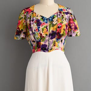 Vintage 1940s Dress | Outstanding Vibrant Rayon Floral Print Dress | Medium Large