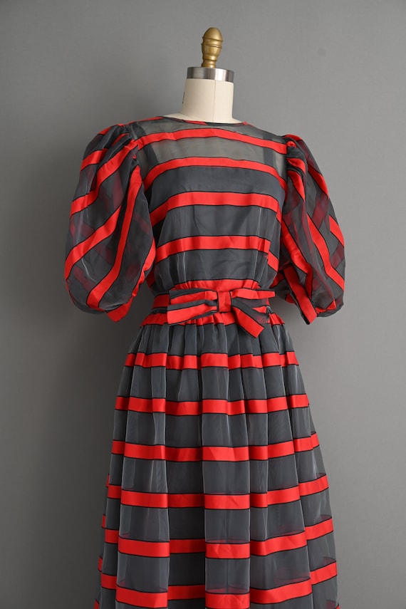vintage 1980s Puff Sleeve Stripe Party Dress - Sm… - image 5