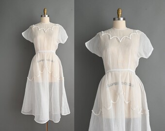 Vintage 1950s Dress | vintage 1950s Dove White Sheer Organza Dress | Small